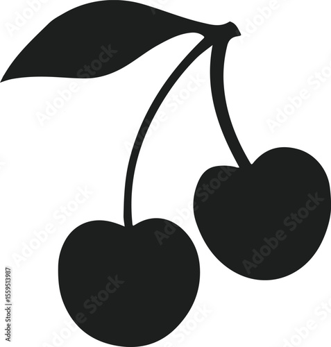 Simple black silhouette of two cherries on a stem with a leaf