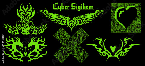 Trendy cyber sigilism vector illustration. Neon green tribal symbols, heart, spiky shapes, and gothic text on black. Bold digital, geometric and futuristic shapes.