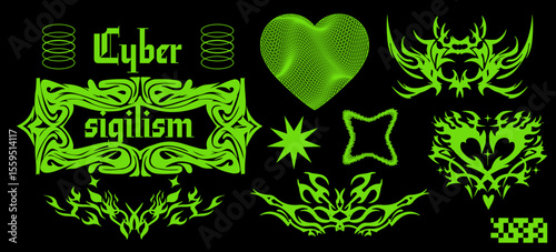 Trendy cyber sigilism vector illustration. Neon green tribal symbols, heart, spiky shapes, and gothic text on black. Bold digital, geometric and futuristic shapes.