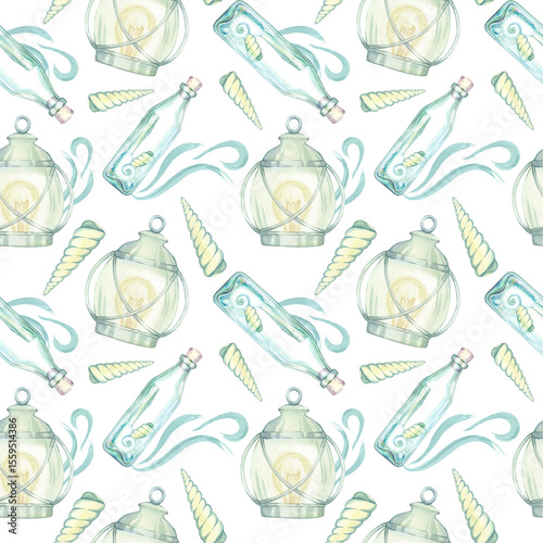 Seamless pattern. Lantern, old metallic lamp, bottle with sea shells, oceanic wave. Watercolor illustration on white. For fabric, textile, wallpaper, clothing beach, summer accessories, wrapping