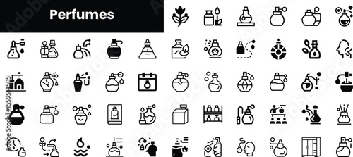 A collection of black and white icons representing various perfume bottles, ingredients, and related symbols, creating a visually engaging and minimalist design.