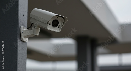Security Camera Mounted On A Gray Concrete Pole Against A Partially Visible Architectural Structure In Neutral Tones
