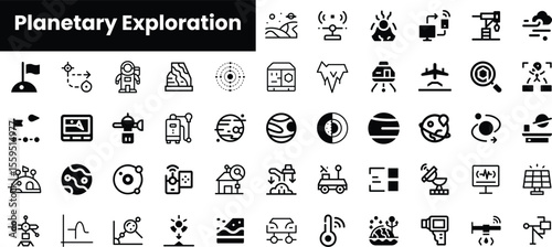 A collection of black and white icons showcasing themes of planetary exploration, including spacecraft, planetary surfaces, and scientific instruments.