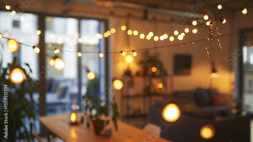 Cozy modern living space with string lights and soft evening ambiance