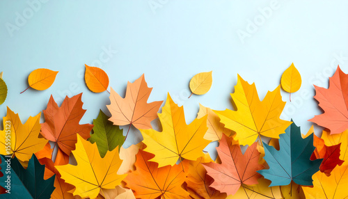 Colorful paper leaves in autumn hues arranged artistically on a light background, showcasing shades of orange, yellow, and green