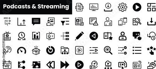 A diverse collection of black and white icons representing podcasts and streaming, including media playback symbols, analytics, and communication elements.