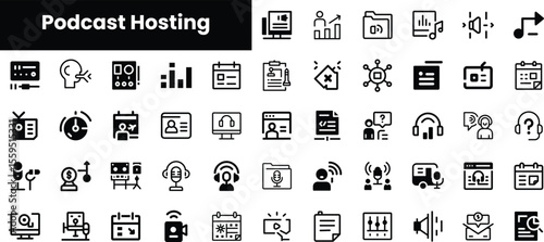A collection of various icons related to podcast hosting, featuring microphones, charts, and audio elements in a modern, minimalist design.
