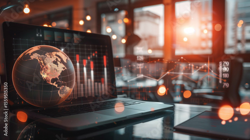 Financial analytics dashboard with glowing global data on laptop in modern office