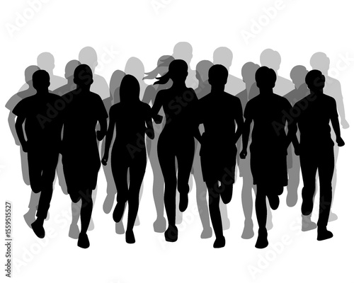 Silhouette of crowd of young people running, morning jogging, isolated icon on white background.	