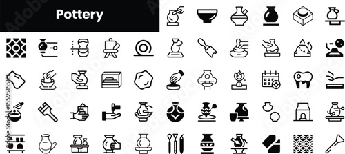 A diverse collection of pottery icons featuring various tools, techniques, and styles, showcasing artistry in clay. Perfect for artistic projects and education.
