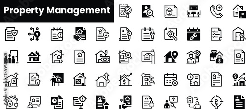 A comprehensive collection of black icons representing various aspects of property management, showcasing activities like leasing, maintenance, and inspections.