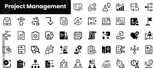 A diverse collection of black and white project management icons representing tasks, teams, and efficiency in a visually appealing layout.