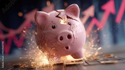 Bursting Savings: A dramatic depiction of a cracked piggy bank, with sparks and shattered fragments illustrating the concept of financial crisis or depleted savings. 