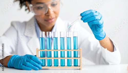 Mujer científica analizando líquido azul en tubos de ensayo con concentración en ambiente de laboratorio