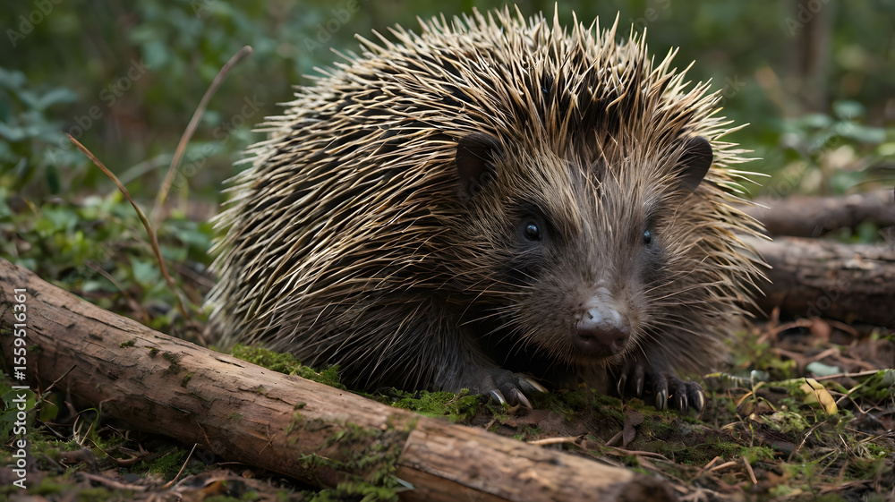 Fototapeta premium A porcupine curls up in a cozy hollow beneath a fallen log ai