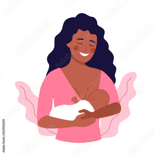 Mother breastfeeding newborn baby in her arms flat design.