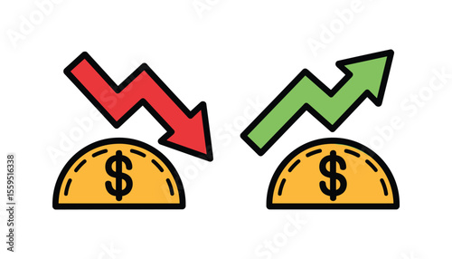 Up and Down Market Trend Icons with Dollar Symbols, Financial Growth and Decline Concept.