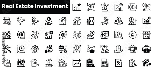 A collection of stylish icons representing various aspects of real estate investment, including properties, finance, and market analysis, perfect for financial presentations.