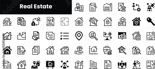 A collection of monochromatic icons representing various aspects of real estate, including homes, contracts, financial elements, and key services, suitable for professional use.