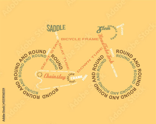 Colorful illustration of a bicycle formed by words referring to the parts.