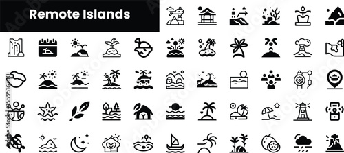 A diverse collection of flat icons representing remote islands, including landmarks, nature, and travel elements. Perfect for any coastal or vacation-themed project.