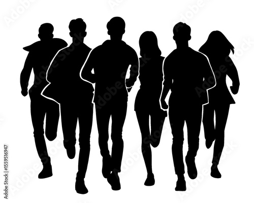 Silhouette of crowd of young people running, morning jogging, isolated icon on white background.	