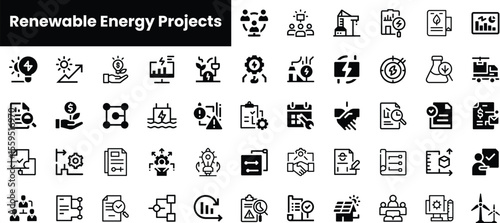 A collection of black and white icons representing various renewable energy projects, showcasing elements like wind, solar, and water energy initiatives and management.