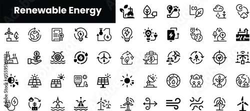 A collection of renewable energy icons, including wind, solar, and water energy symbols, showcasing sustainability and environmental consciousness.