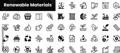 A diverse collection of minimalist icons representing renewable materials, showcasing sustainability themes, nature, and eco-friendly practices in black and white.