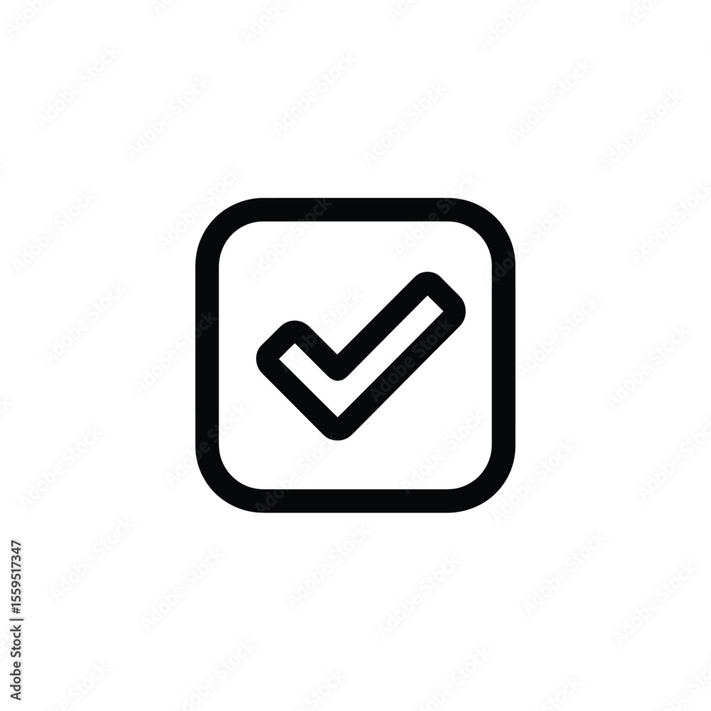 Black Outline of Check Mark Inside Rounded Square, Confirmation Symbol on White Background Black Outline of Check Mark Inside Rounded Square, Confirmation Symbol on White Background