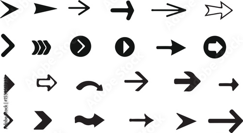 Collection of diverse black arrows pointing rightward on white background