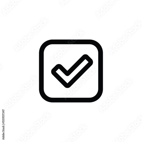 Black Outline of Check Mark Inside Rounded Square, Confirmation Symbol on White Background