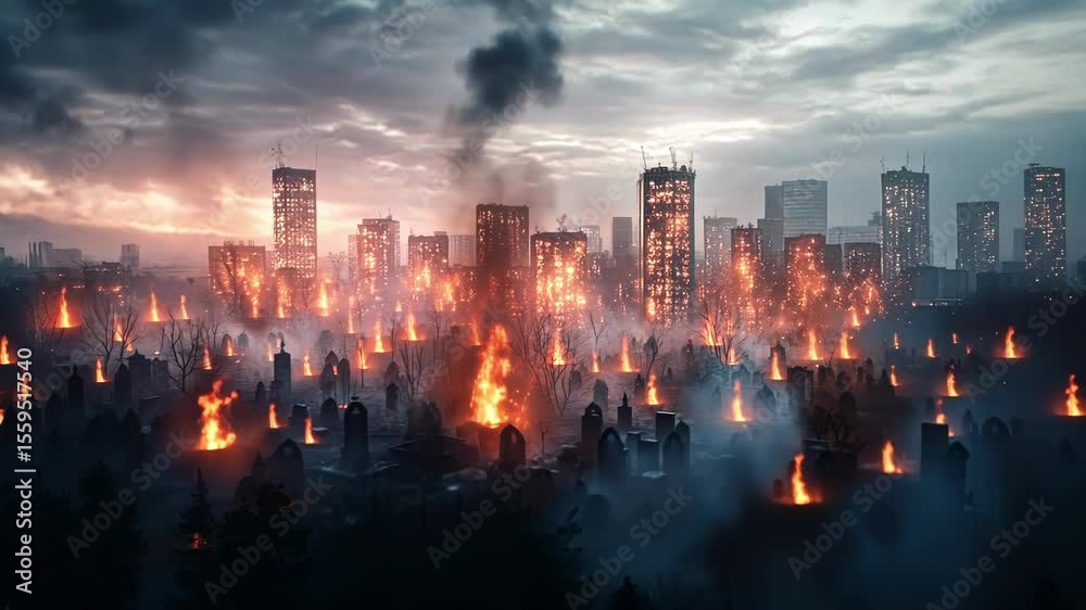 A horizon dotted with holographic fires symbolizing hope flickering a highrise graves amidst a swirling fog of uncertainty.