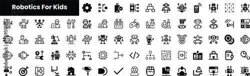 A collection of fun, black-and-white robotics icons for kids, featuring friendly robots, tools, and gaming elements, encouraging creativity and STEM learning.