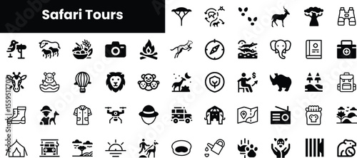 A diverse collection of safari tour icons, featuring wildlife, activities, and gear, reflecting the excitement of adventure in nature's wilderness.