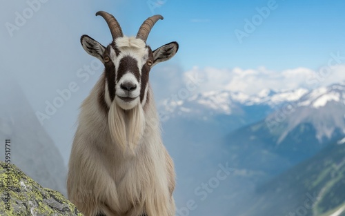 Majestic Goat Posing with Mountain Backdrop, Smiling with Long Beard