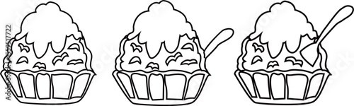 かき氷のアウトライン白黒線画イラストセット