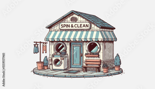 A retro-style, hand-drawn illustration of a small neighborhood laundromat 