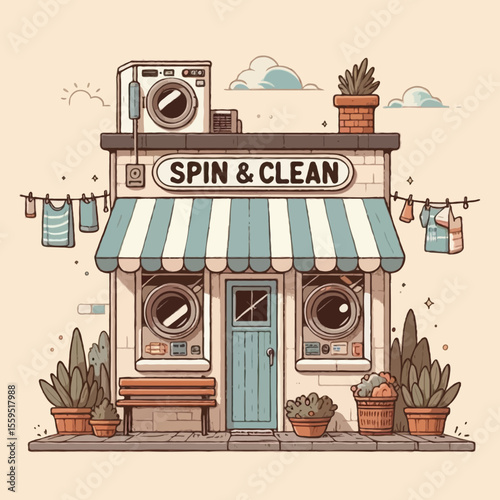 A retro-style, hand-drawn illustration of a small neighborhood laundromat 