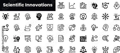 A diverse collection of black and white icons representing scientific innovations, research, and creative thinking, ideal for educational or professional use.