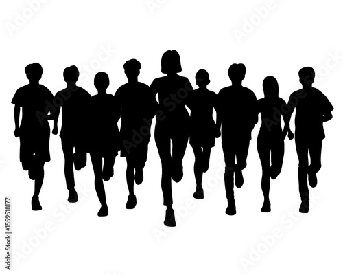 Silhouette of crowd of young people running, morning jogging, isolated icon on white background.	