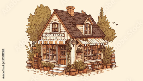 A charming, hand-drawn illustration of a small used bookstore