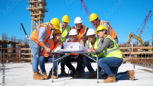 Construction Workers Collaborating on Site Plan Teamwork, Project Management, and Blueprint Review