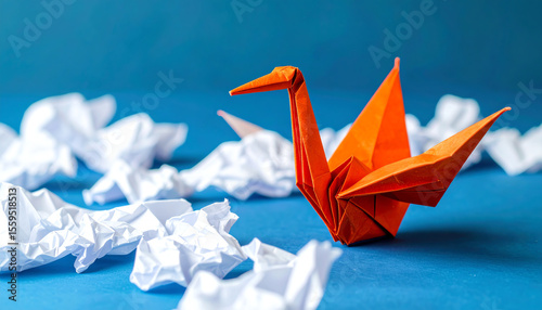 An orange origami crane stands out against a backdrop of crumpled white paper, symbolizing creativity and transformation