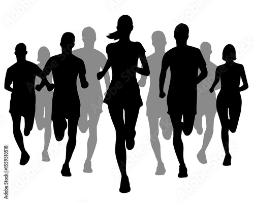 Silhouette of crowd of young people running, morning jogging, isolated icon on white background.	