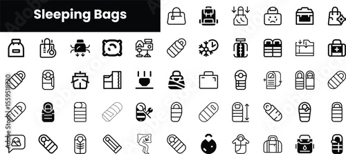 A collection of minimalist black and white icons representing various sleeping bags and camping-related items. Ideal for outdoor and adventure themes.