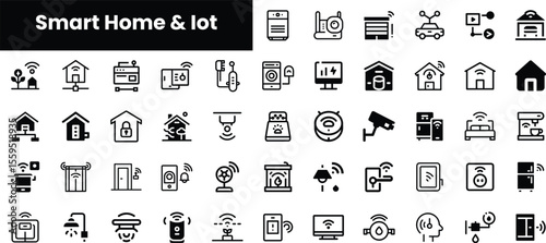 A collection of minimalist icons representing smart home technology and IoT devices, showcasing various functionalities and features for modern living.