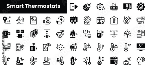A collection of smart thermostat icons featuring various functionalities like temperature control, energy tracking, and remote access, showcasing modern home technology design.