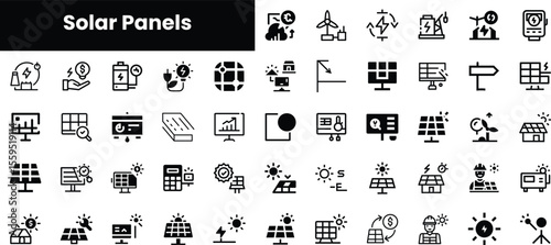 Diverse black and white icons depicting solar energy concepts, including panels, batteries, and environmental elements, ideal for renewable energy projects.