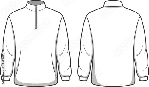 Half Zip Mock Neck Pullover CAD Vector Fashion Flat Drawing Top View